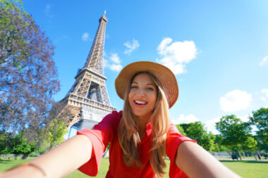 Selfie,girl,in,paris,,france.,young,tourist,woman,taking,self