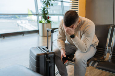 Sad,man,waiting,for,delayed,flight,in,airport.,young,guy