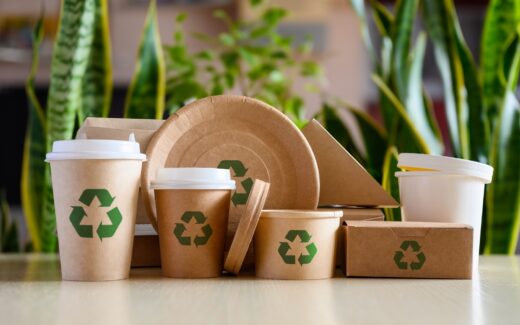 Paper,eco Friendly,disposable,tableware,with,recycling,signs,on,the,background