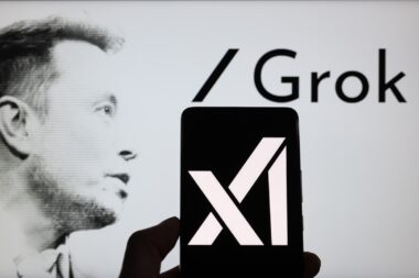 Grok,logo,displayed,on,a,smartphone,with,xai,and,elon