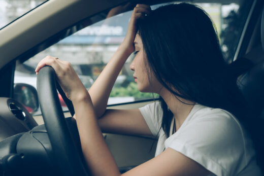 Stressed,woman,drive,car,feeling,sad,and,angry.,asian,girl