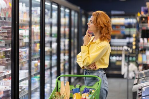 Thoughtful,lady,with,shopping,cart,looking,at,fridge,with,daily